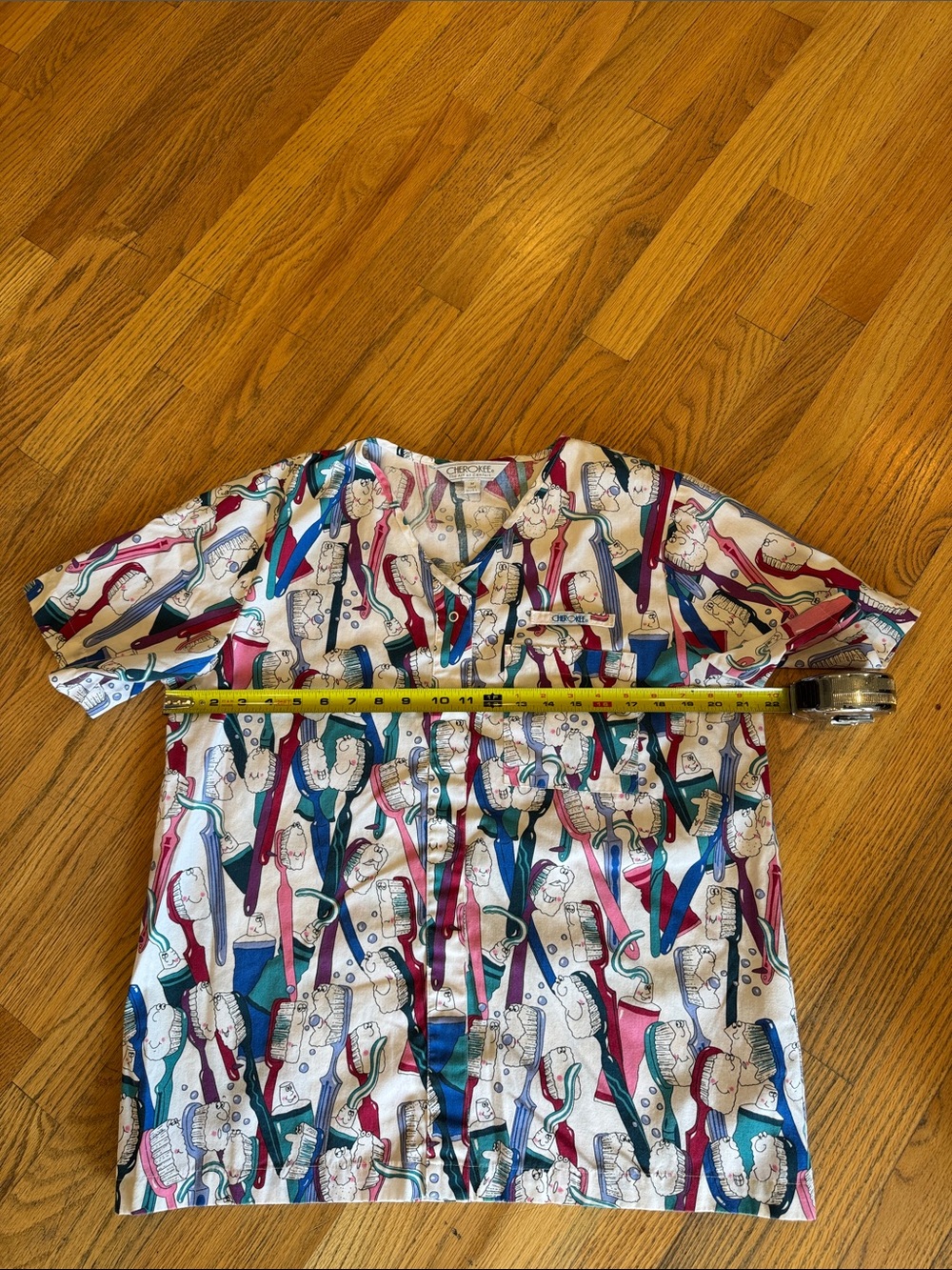 Cherokee Teal Red Blue Cream Novelty Button-Up Medium - Picture 4 of 7